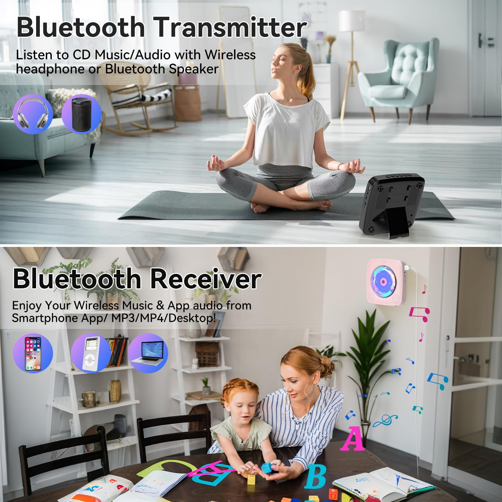 Ooosea CD Player Portable Bluetooth Rechargeable CD Players for Home Desktop Wall Mount CD Player with Speakers FM Radio USB AUX Jack Remote Control