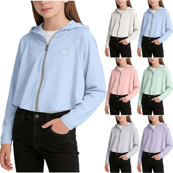 THDHVS Hoodies for Girls,Unisex Kids UPF 50 Hooded Zip Up Sun Protection Jacket Long Sleeve Breathable Outdoor,Girls Hoodies White 3-4 Years