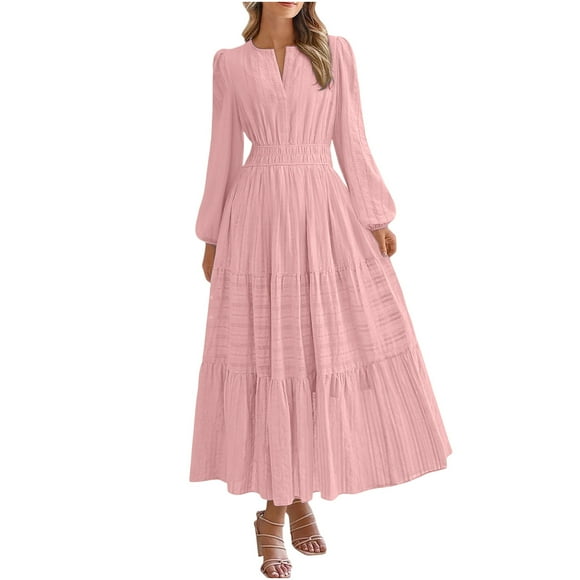 Amzcrzy Women Dresses Solid Color Long Sleeve Wedding Guest Dresses for Women Casual V Neck Tunic Fall Dress Fashion Pleated Tiered Midi Dresses for Women S