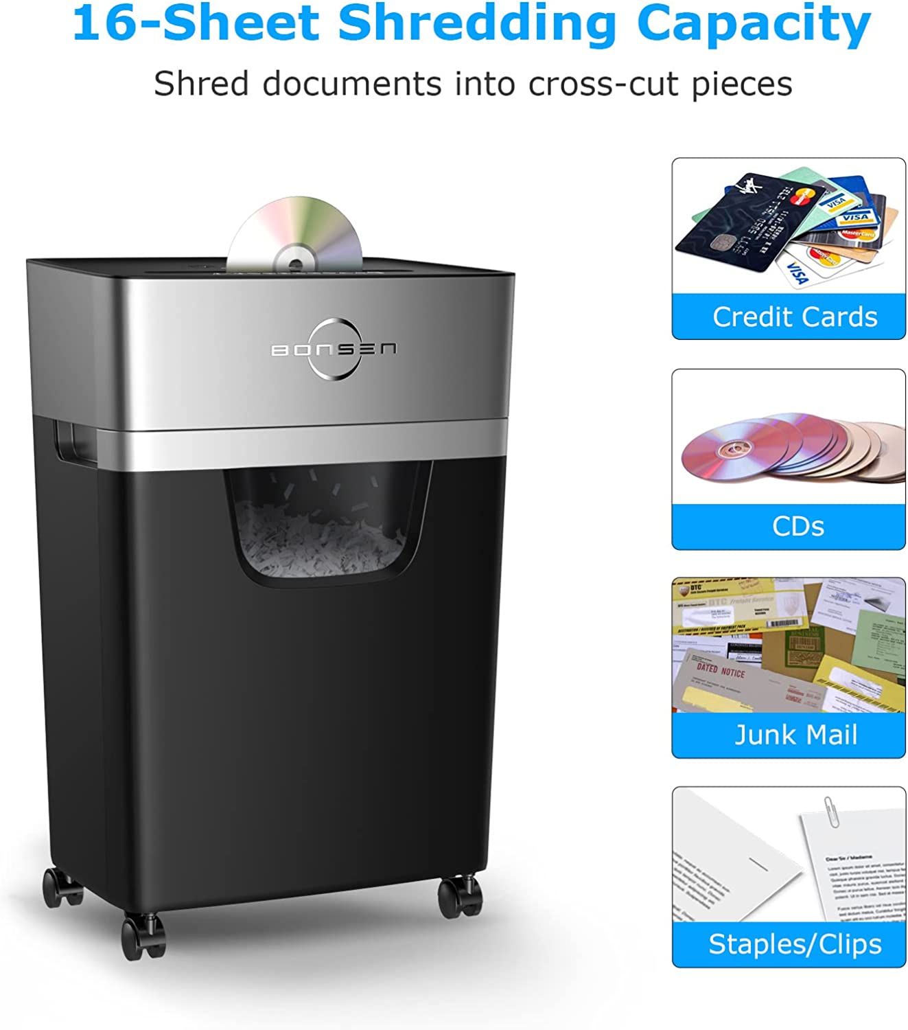 16-Sheet Heavy Duty Paper Shredder for Office, 60-Minute Running Time Cross-Cut CD Shredder with 60dB Low-Noise, 5.3-Gallon Pull Out Bin, Anti-Jam & Quiet Shredder for Home Office (S3102)