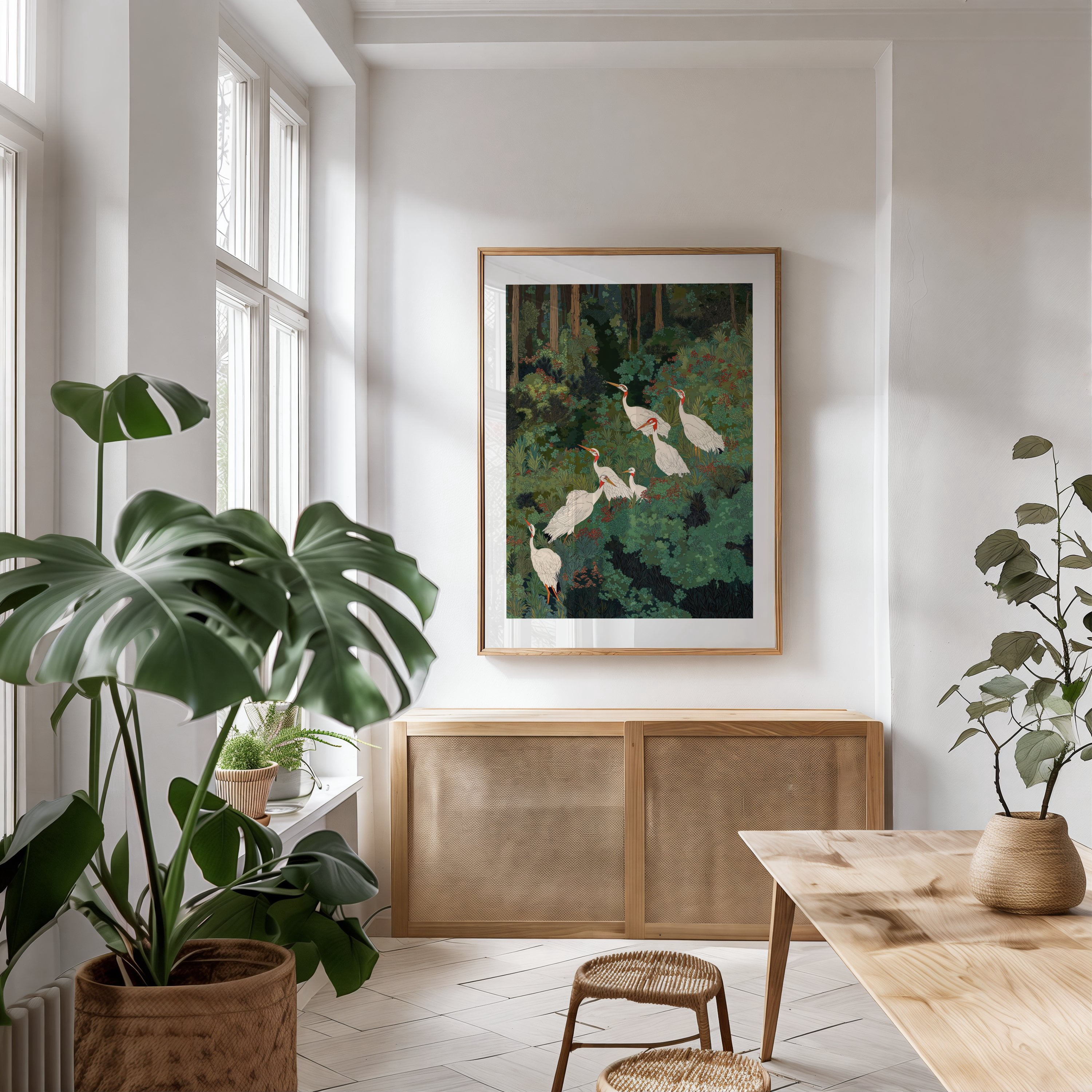Japandi Wall Art Maximalist japanese chinoiserie Bird Wall Art wabi sabi forest Heron Painting living room poster - Japan Painting Woodland Forest Botanical Bird Unframed Wall Art Print 32 x 48 inches