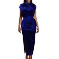 thumbnail image 2 of Neinkie Party Dress Tight Waist Sheath Dress Slim Fit High Split Solid Color Breathable Soft Half-high Collar Short Sleeves Evening Dress Wedding Dress, 2 of 9