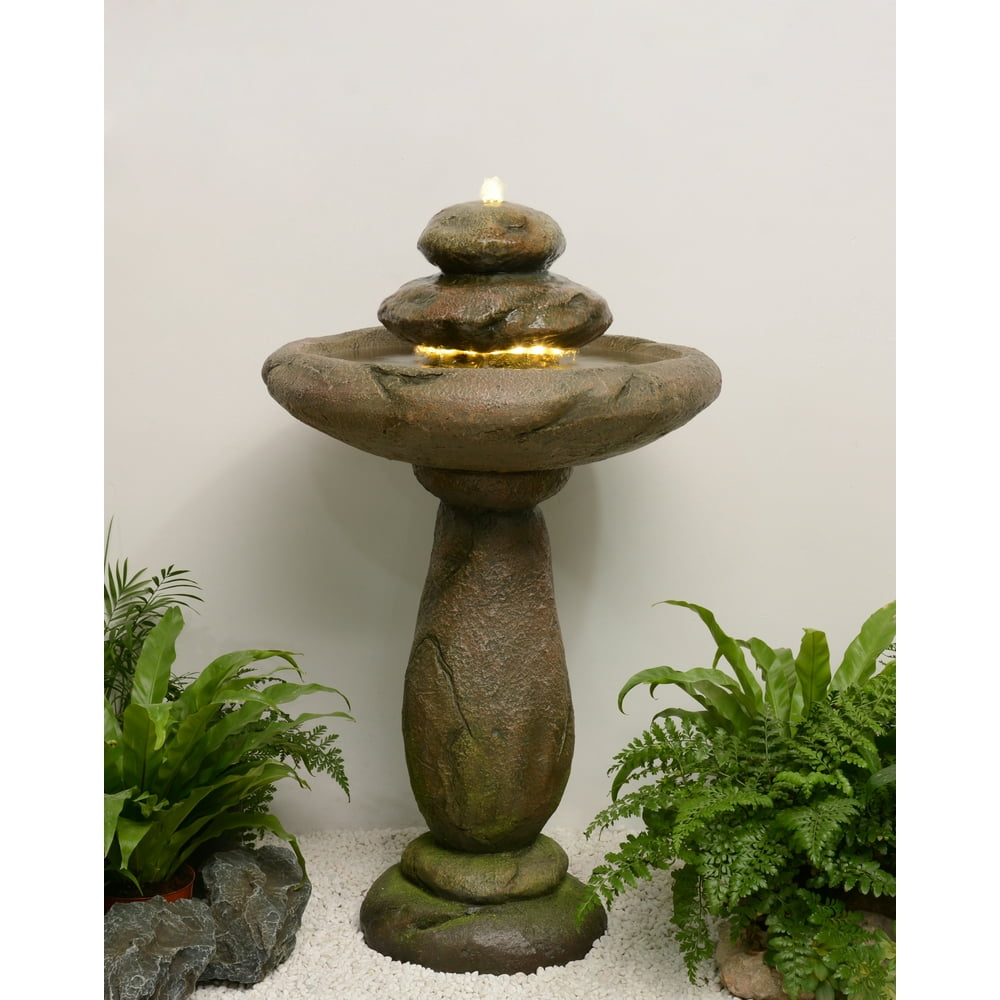 STONE PEDESTEL FOUNTAIN BIRD BATH WITH WARM WHITE LED & STRIP LIGHT
