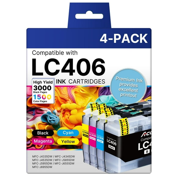 Cartuchos de tinta Acaves LC406XL para impresora Brother, paquete de 4