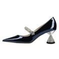 thumbnail image 2 of FSJ Women Classic Rhinestone Flared Low Heel One Strap Pumps Pointed Closed Toe Slip On Comfortable Office Wedding Dance Dress Shoes Size 8 Dark Blue, 2 of 4