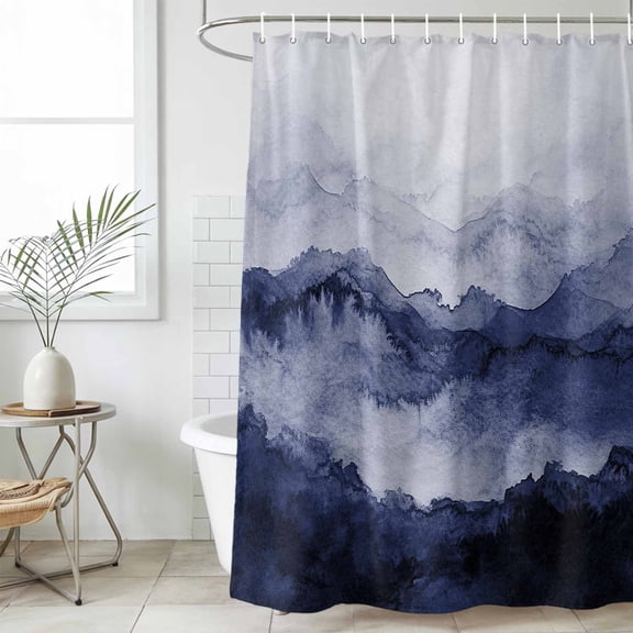 Navy Blue Ombre Mountain Waterproof Fabric Shower Curtain,Nature Abstract Art Marble Waterproof Fabric Shower Curtain for Bathroom Curtains Bathtubs Hotel Shower Curtains with 12 Hooks Long 72x78in