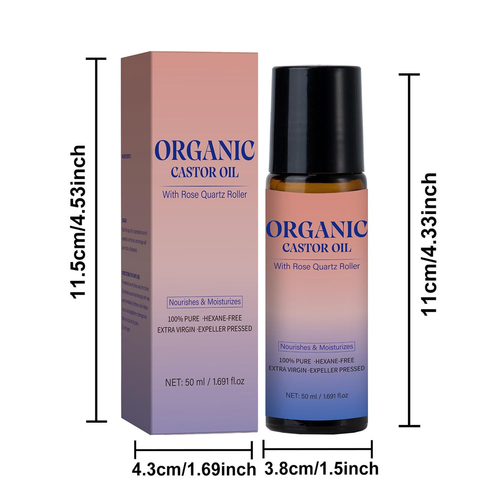 Organic Castor Oil Roll-On with Rose Quartz Roller, 50ml Bottle with Roller Ball, 100% Pure Extra Virgin Cold-Pressed for Skin, Brows & Lashes