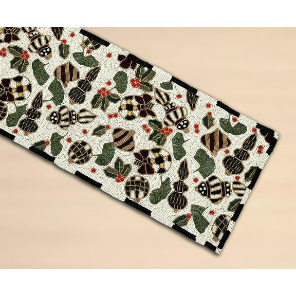 Handmade Beads Table Runner, Christmas Ornaments Design Table Topper, Multicolour Tableware 13X36 Inches