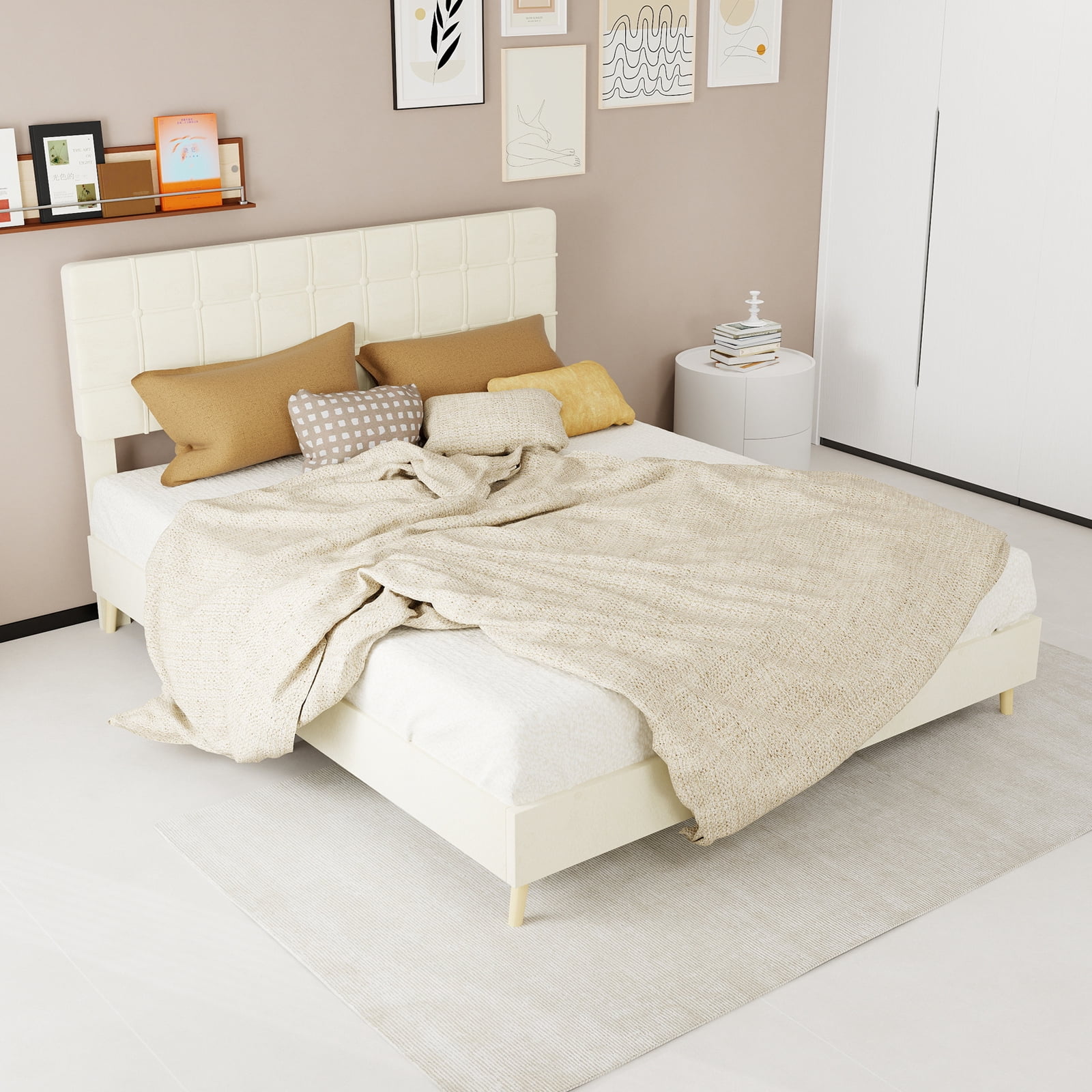 Leumius Queen Size Upholstered Platform Bed Frame with Tufted Headboard and Ergonomic Padding,Beige