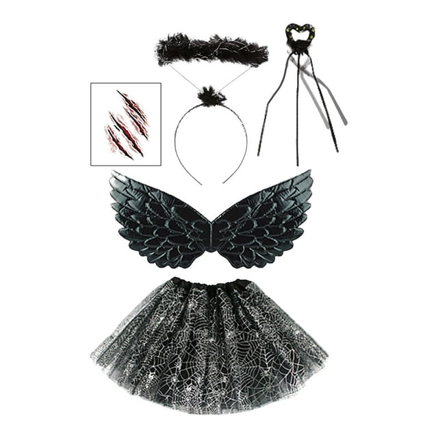 Conjunto de disfraz de hada para niñas, disfraz de Halloween, falda tutú, disfraz de ángel gótico para niñas, disfraz de ángulo caído, cosplay para Con varita Yinane Disfraz de ala de ángel