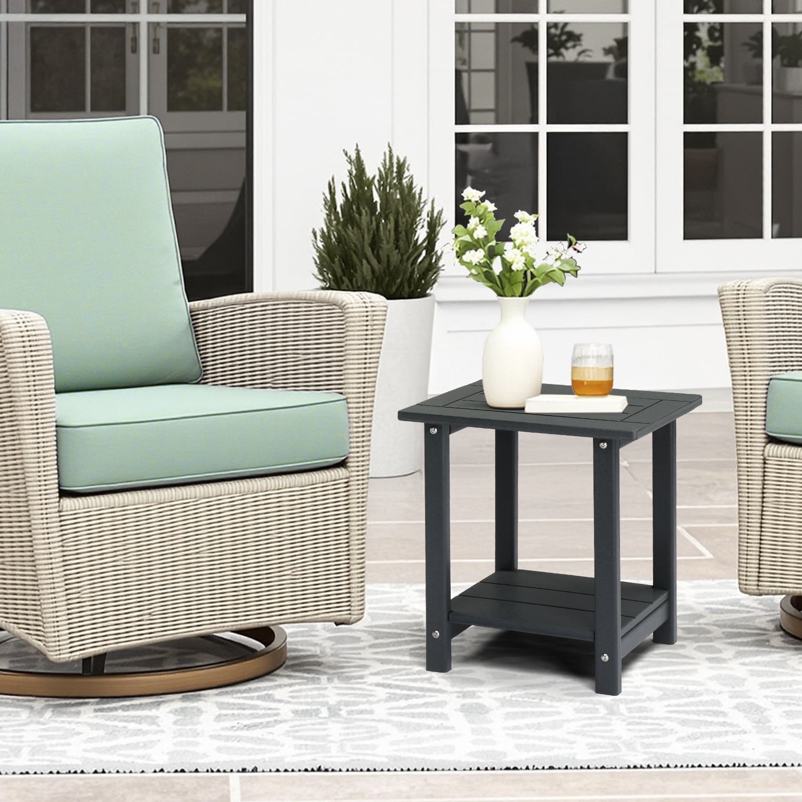 2-Tier Round HDPE Outdoor Side Table Weather Resistant Patio End Table Dark Gray Porch Balcony Storage Side Table