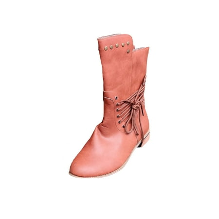 

jsaierl Women s Shoes Laceing Low Heel Rivets Zipper Fashion Shoes Mid Leather Boots