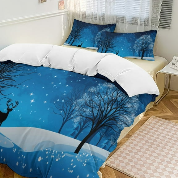 Christmas Elk Theme Duvet Cover Set Themed Multicolor Polyester Bedding Set for Bedroom Decoration with 2 Pillow Shams