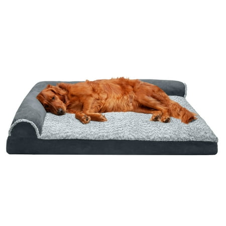 UPC: 0842229107432 | FurHaven Pet Products Two-Tone Faux Fur & Suede Deluxe L-Chaise Memory Top Sofa-Style Pet Bed for Dogs & Cats – Stone Gray Jumbo