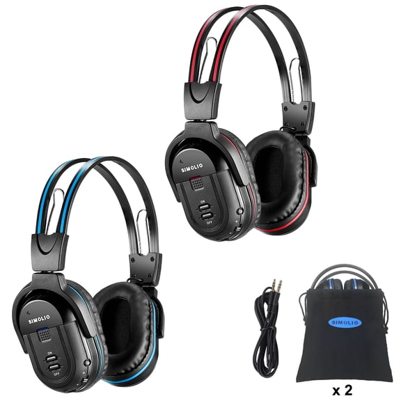 SIMOLIO 2 Pack IR Wireless Headphones for in Car TV Video Audio Listening, Not Bluetooth, 2 Channel Car DVD Headphones for Kids, Universal Infrared Headsets for Headrest Video System, AUX Cord