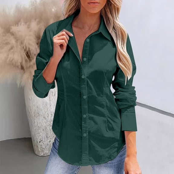 Women's Button Down Shirts Long Sleeve Dress Shirts Wrinkle Free Collared Work Office Solid Blouses Corset Tops Casual Collared Blouses Loose Fit Shirt Blackish Green L