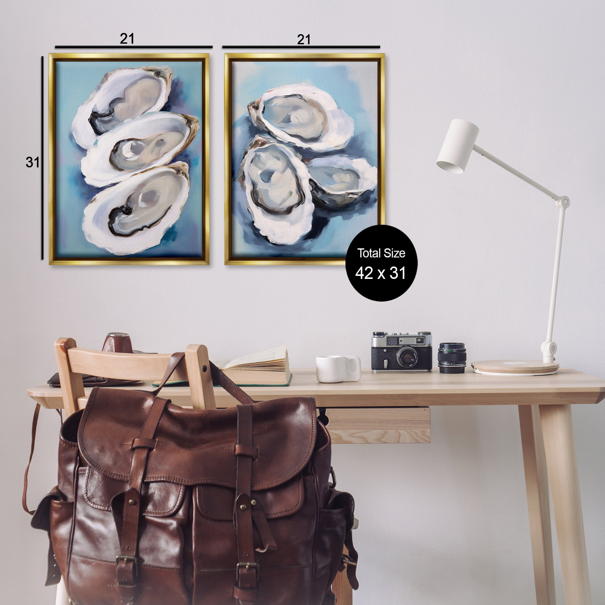 Stupell Industries Trio Half Shell Oysters Nautical & Beach Painting Gold Floater Framed Canvas Art Print Wall Art, 21 x 31, Set of 2
