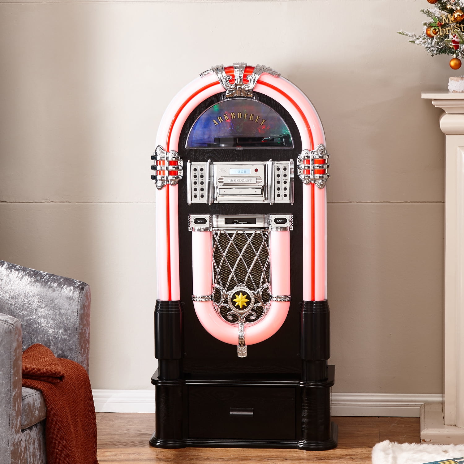 Arkrocket Taurus II Medium Size Jukebox Vinyl Record Player Bluetooth USB SD CD Player Radio Retro Turntable Classic Jukebox (Taurus II with Stand - Black)