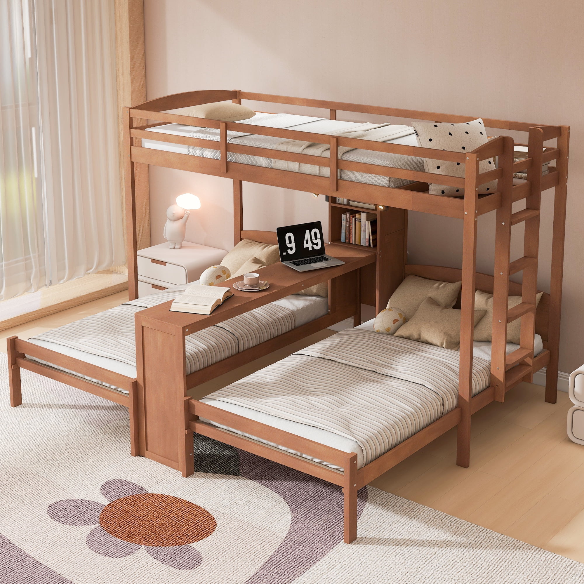 Euroco Wood Twin over Twin Bunk Bed with Desk, 3 Beds in 1 with Shelves and Reading Lamps, Natural