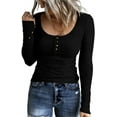thumbnail image 1 of T-Shirts Henley à Manches Longues pour Femmes, Boutonnés, Ajustés, Col Rond, Tricot Côtelé, Noir, 1 of 3