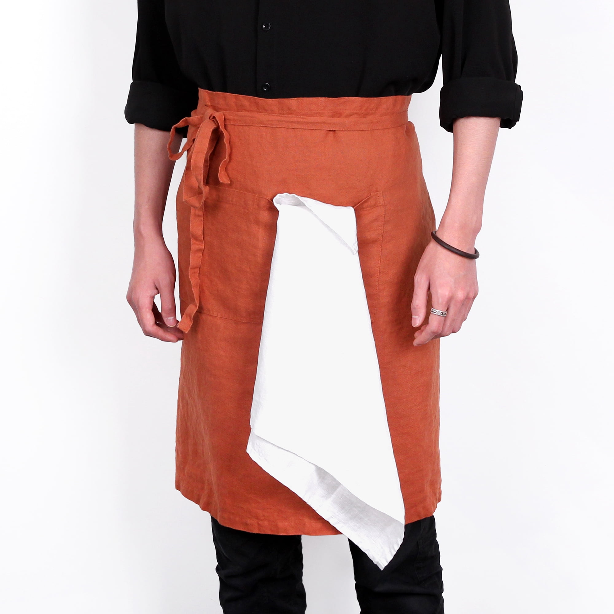 100% Linen Bistro Apron with Pockets 25x35 inch - Unisex Half Apron - Caramel