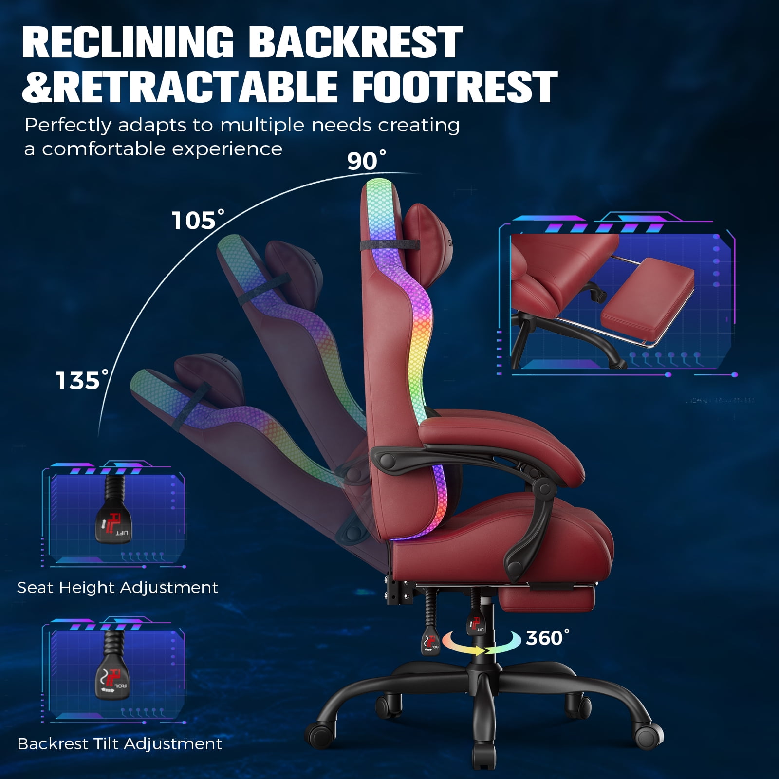 GTPLAYER RGB Gaming Chair with Timed LED Lights, 400LBS Capacity Gaming Office Chair with Reclining Backrest & Retractable Footrest for Gaming & Office, Red