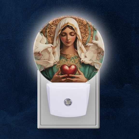 Round LED Night Lights Lamp with Dusk to Dawn Sensor, Detailed Portrayal Of The Heart Of Mary Night Light Plug Into Wall for Kids Room, Bedroom, Bathroom, Kitchen, Hallway