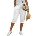 thumbnail image 5 of Women's Cotton Linen Pants, High Waist Cropped Wide Leg Pants with Elastic Waist, Casual Summer Trousers for Beach Vacation, Loungewear, Daily Outfits and Relaxation-White, 5 of 8