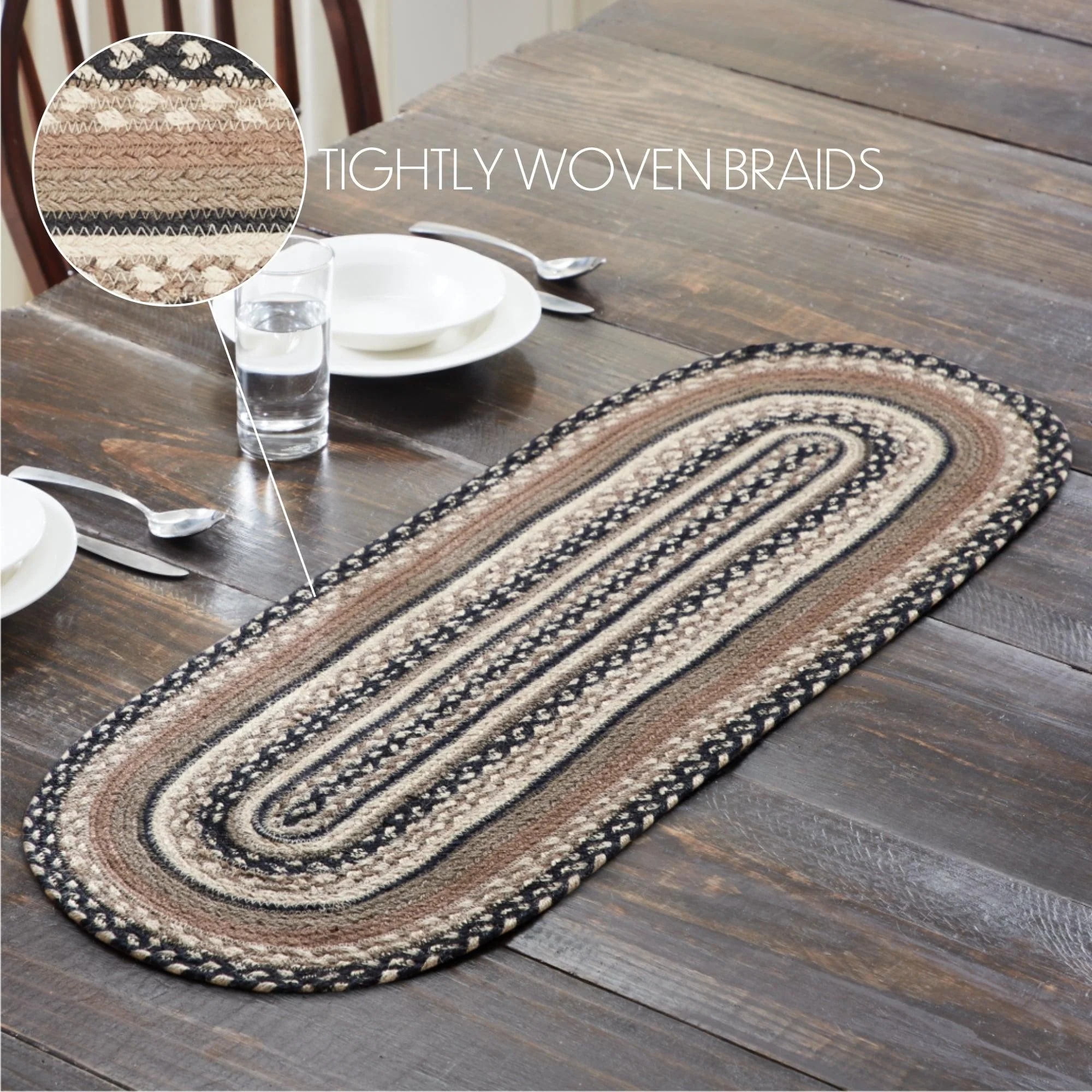 VHC Brands Sawyer Mill Charcoal Farmhouse Jute Oval Table Runner 13x37