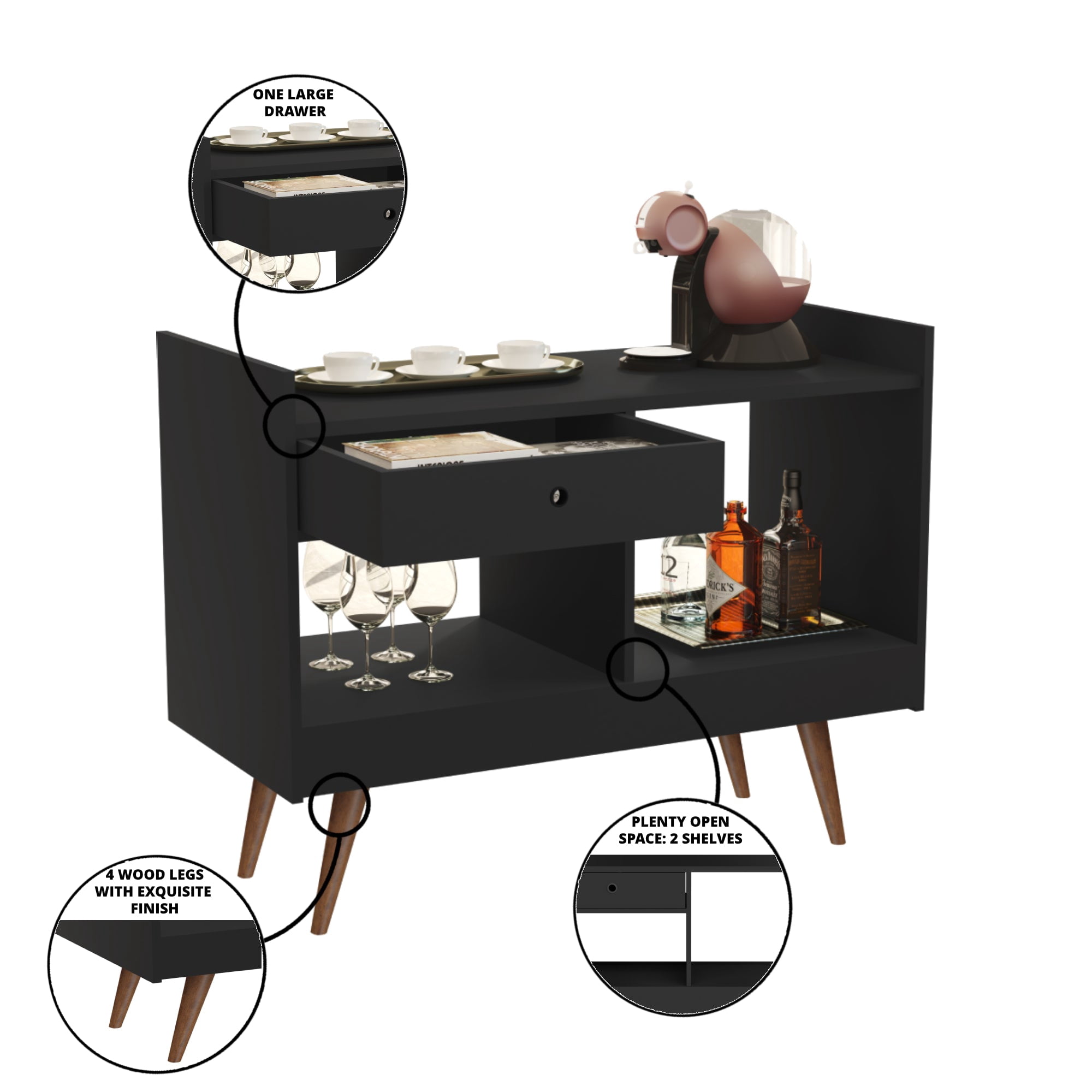 Ember Interiors Oxford Black Modern Bar Cabinet with Wine Storage, Drawer & Open Shelves – Compact Design for Living Room or Kitchen