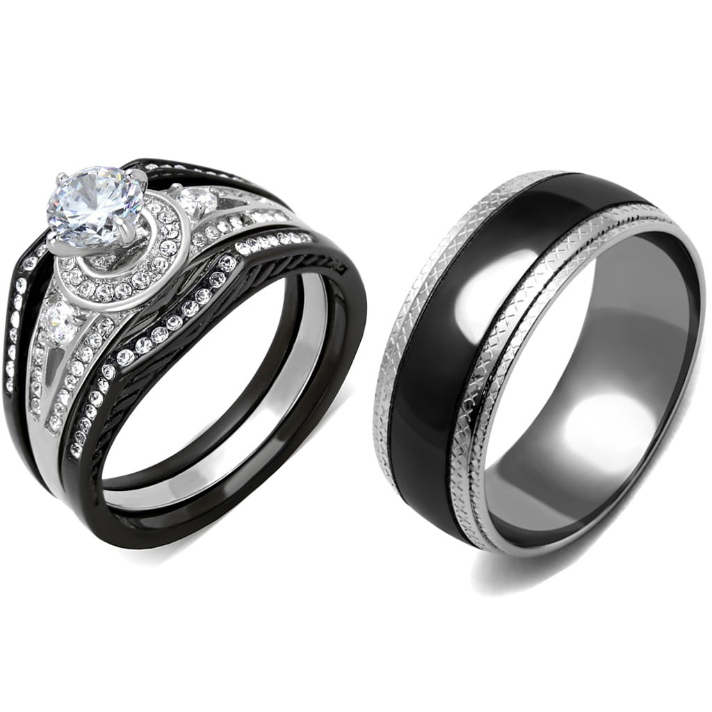 His & Hers 4 PCS Black IP Stainless Steel Wedding Ring Set/Mens Matching Band 