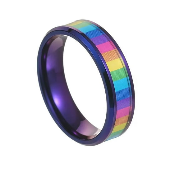 PAMTIER Men's Stainless Steel 6MM Simple High Polished Gay Pride Rainbow Flag Ring Wedding Band Ring Purple Size 11