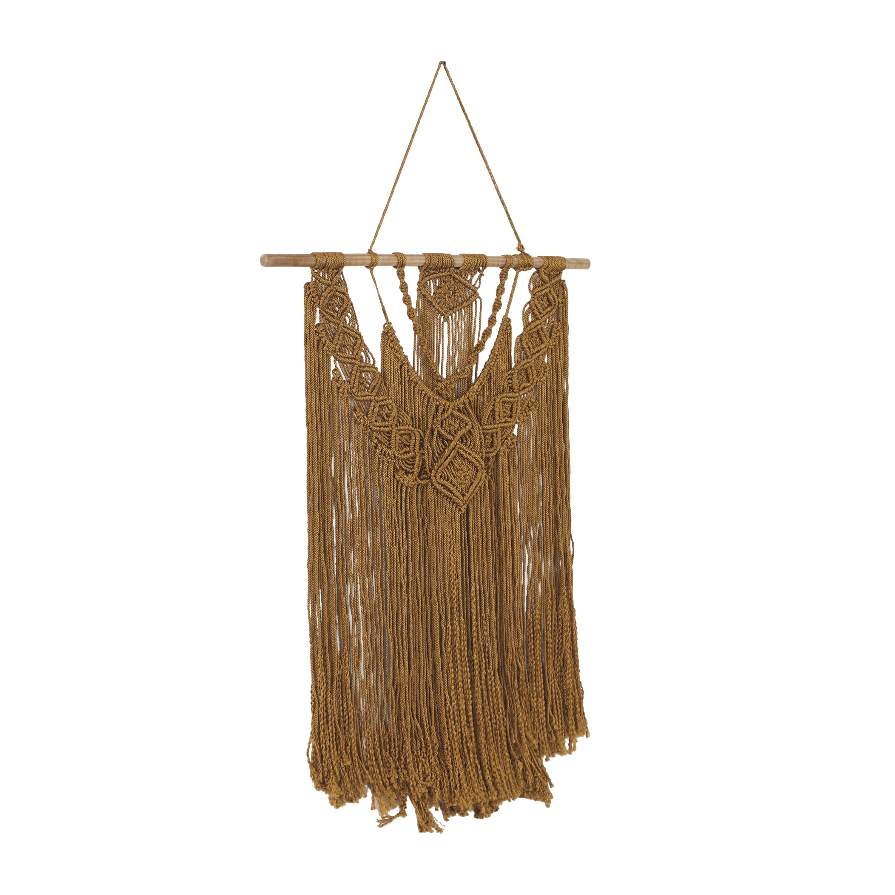 DecMode Brown Fabric Handmade Intricately Weaved Macrame Wall Decor with Beaded Fringe Tassels