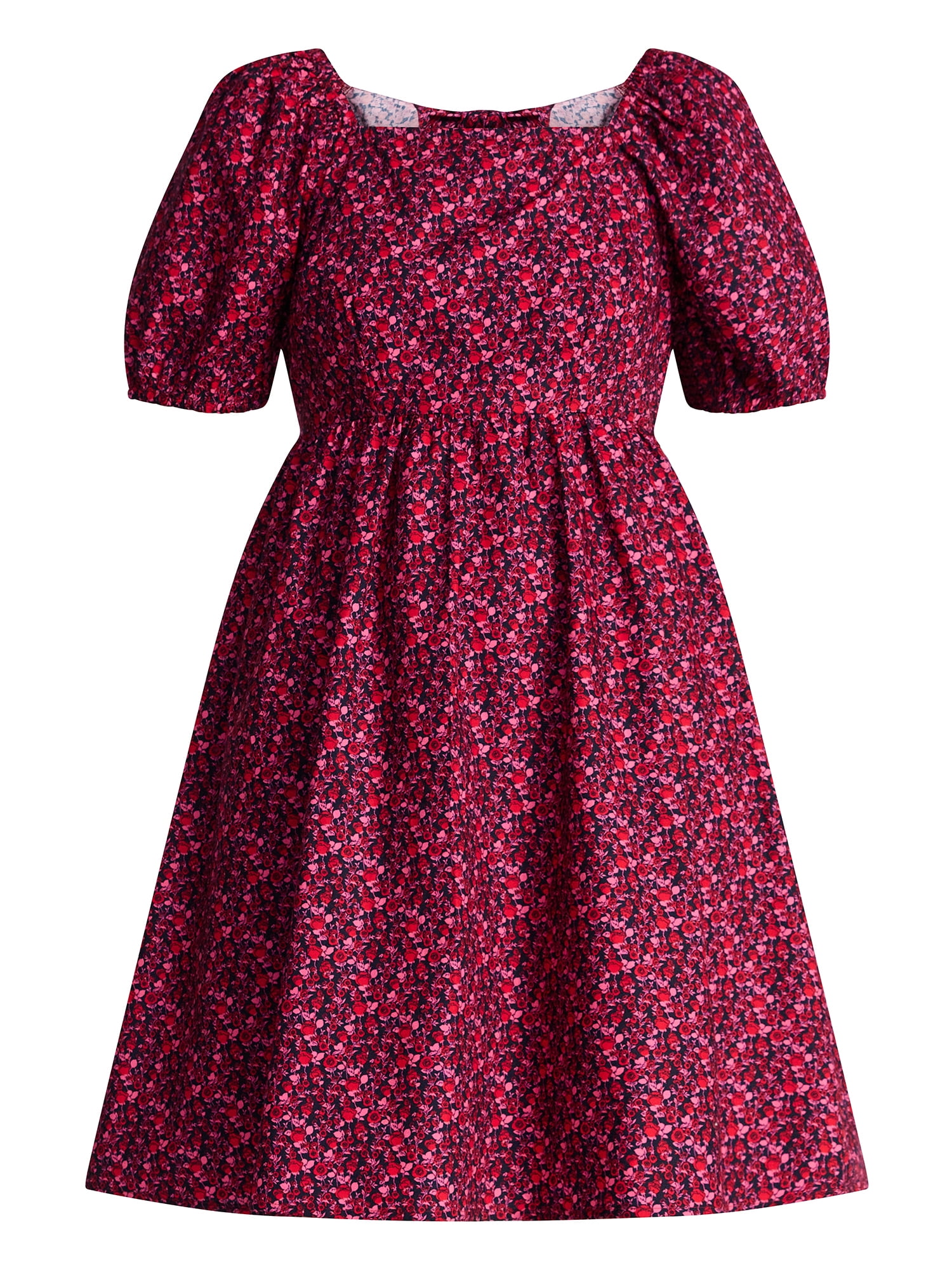 Time and Tru Women's and Women's Plus Tie Back Mini Dress with Puff Sleeves, Sizes XS-4X