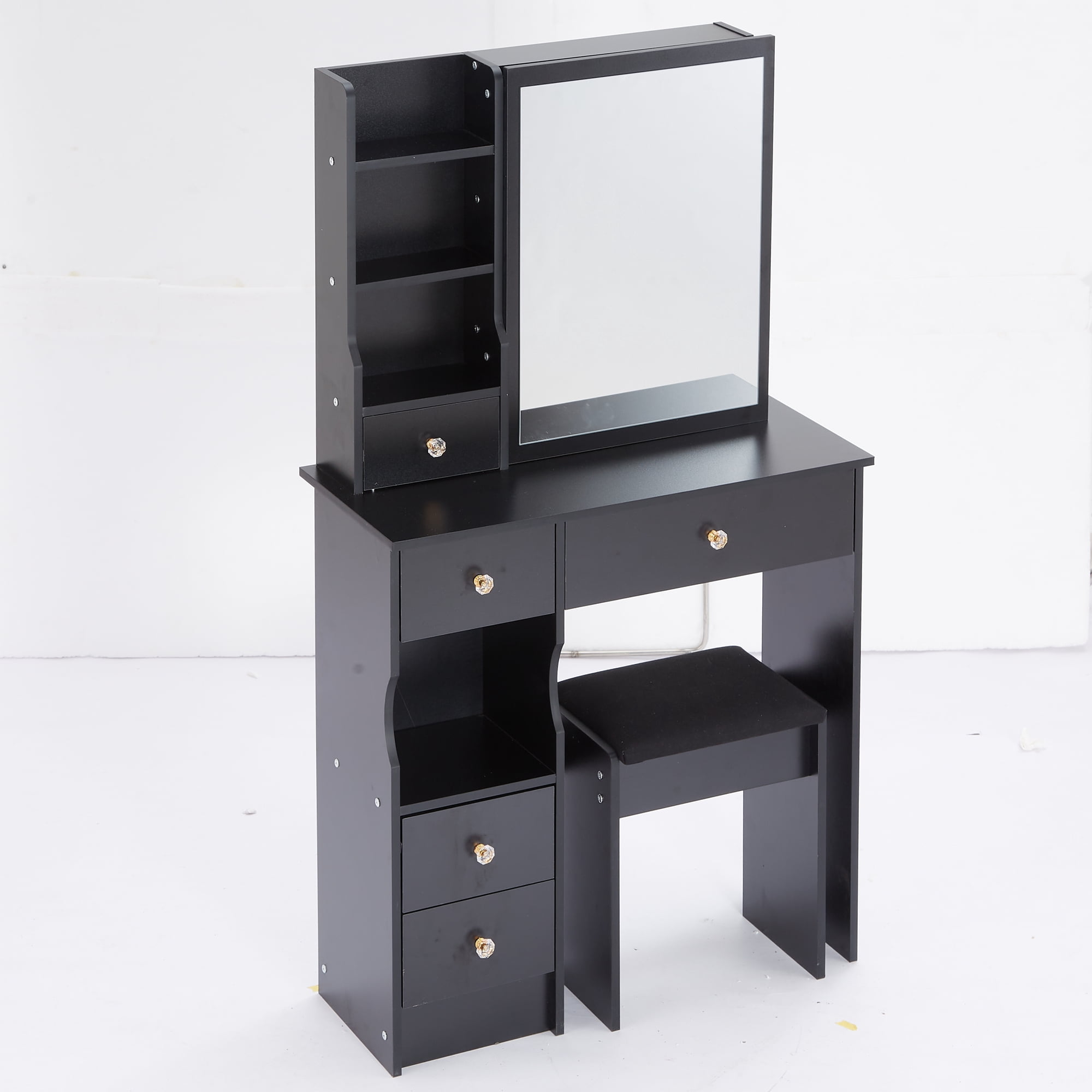 Kadyn Vanity Desk with 5 Drawers, Makeup Vanity Table with Extra Large Right Sliding Mirror, Dressing Table Makeup Desk for Small Space, Black