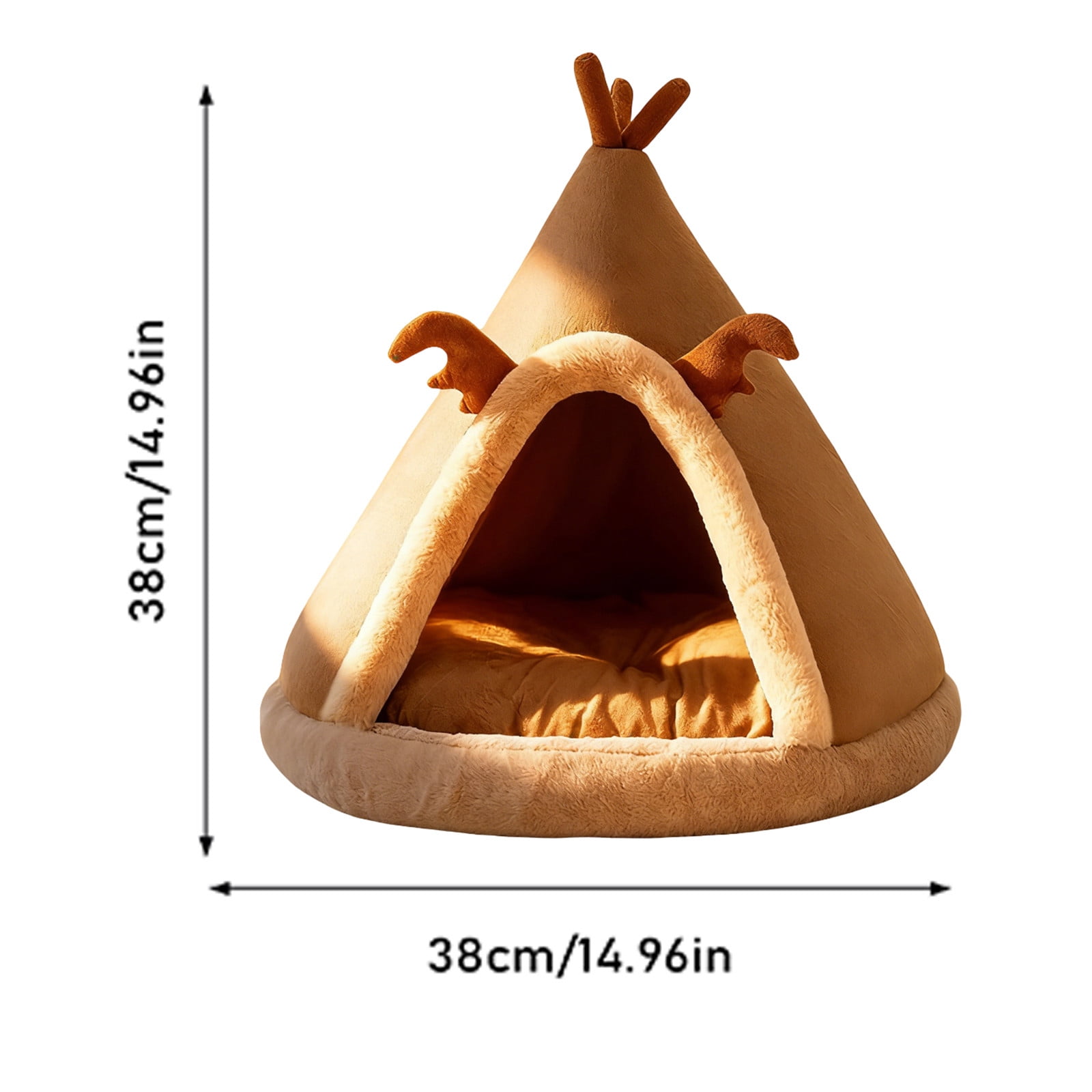 Deer Antler Teepee Pet Bed With Thick Cushion Cozy Cat Tent Bed For Indoor Small Animals(Brown-15In)