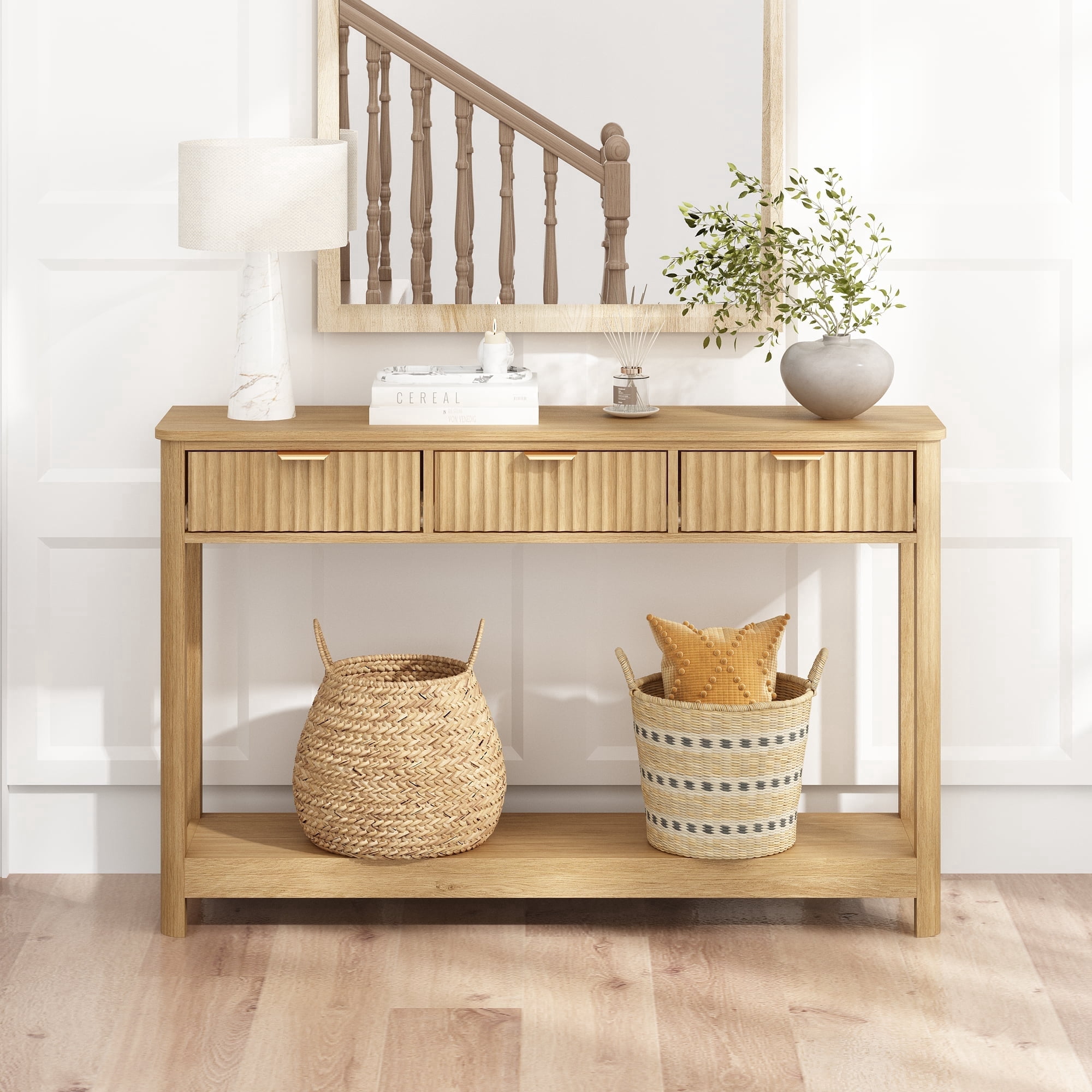 47" Fluted Console Table with 3 Storage Drawers, Narrow Entryway Table, Wood Sofa Couch Table for Living Room Entrance