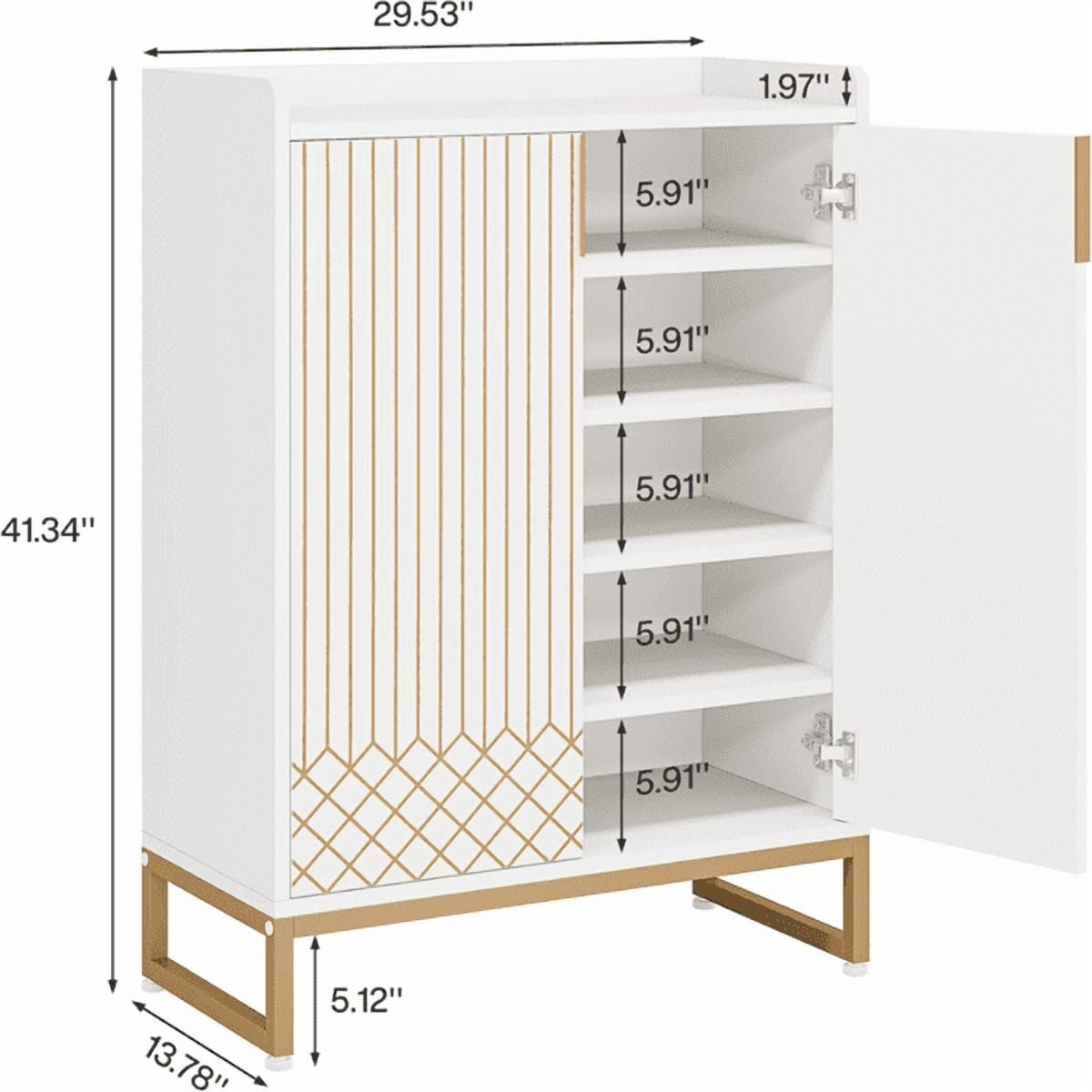 5-Tier Shoe Cabinet - White with Gold Accents, 20-25 Pair Capacity, Slim Vertical Design, MDF & Steel Legs, Modern Minimalist for Entryway/Hallway