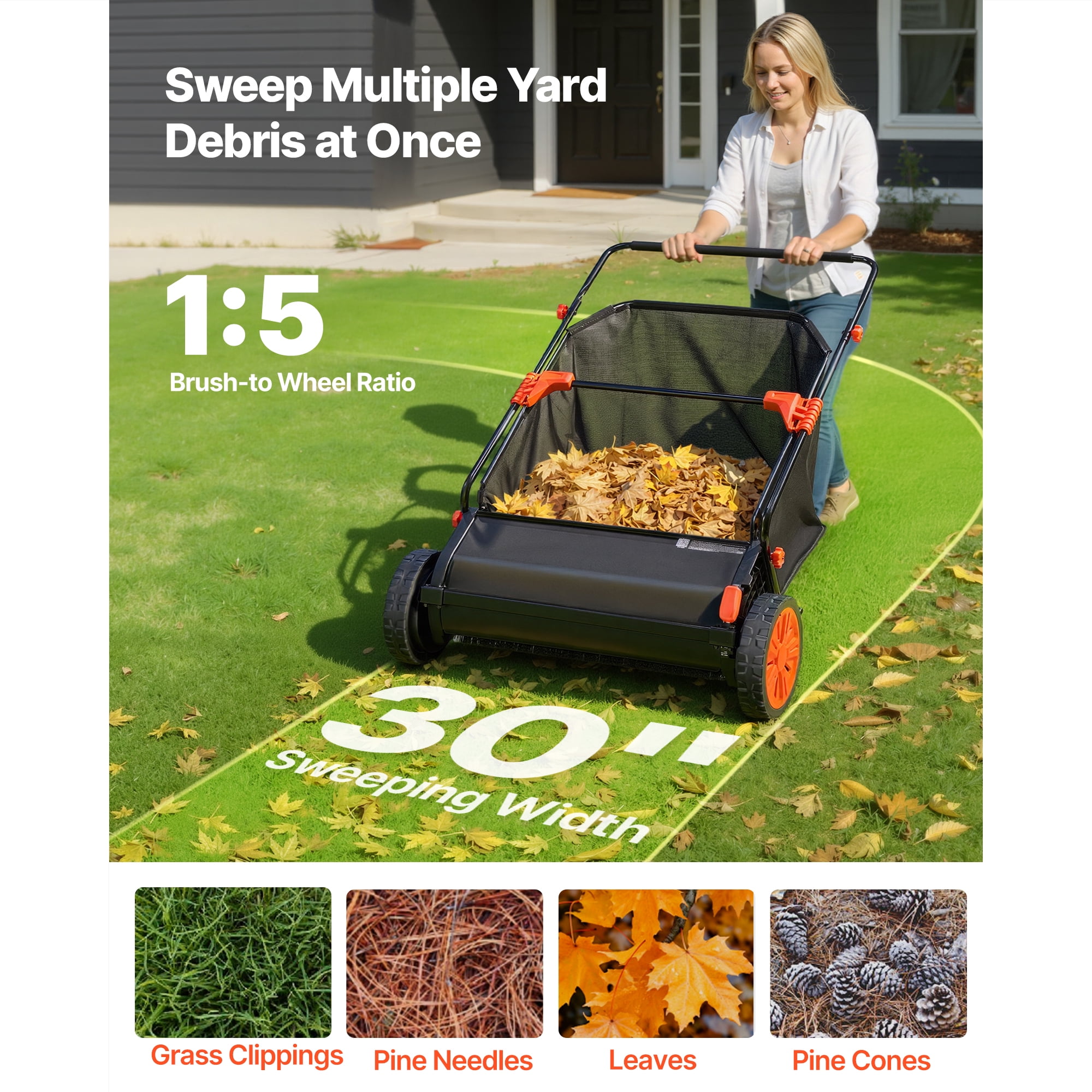 KFFKFF Push Lawn Sweeper, 30-Inch Leaf and Grass Collector with 12 cu. ft. Hopper Bag, Adjustable Brush Height, Durable Yard Sweeper with Rubber Wheels for Efficient Lawn Cleanup