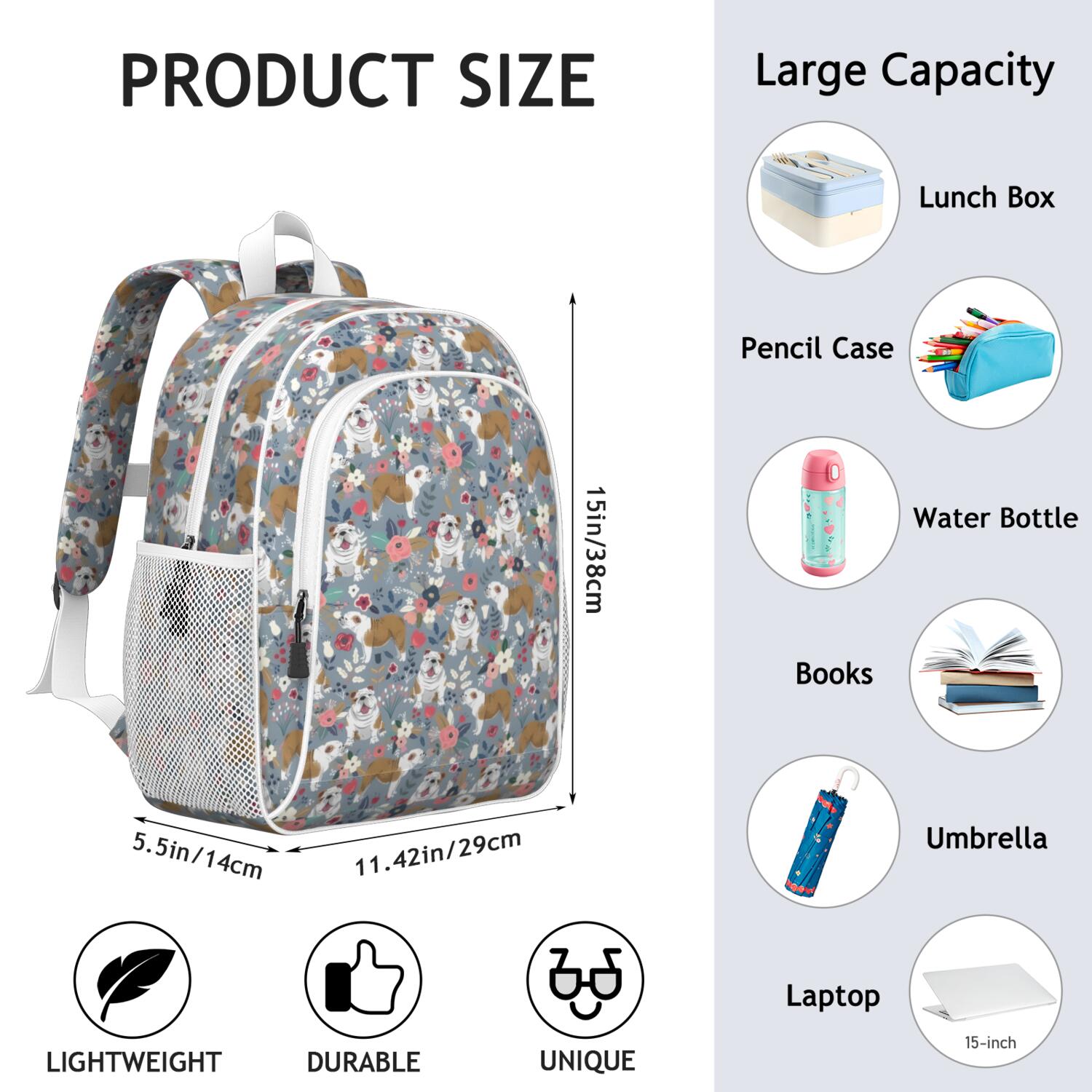 Bulldog Dog and Flower Florals Backpack for School,Cute School Bag,Schoolbag with Adjustable Shoulder Straps & Padded Back,15"x11.42"x5.5"