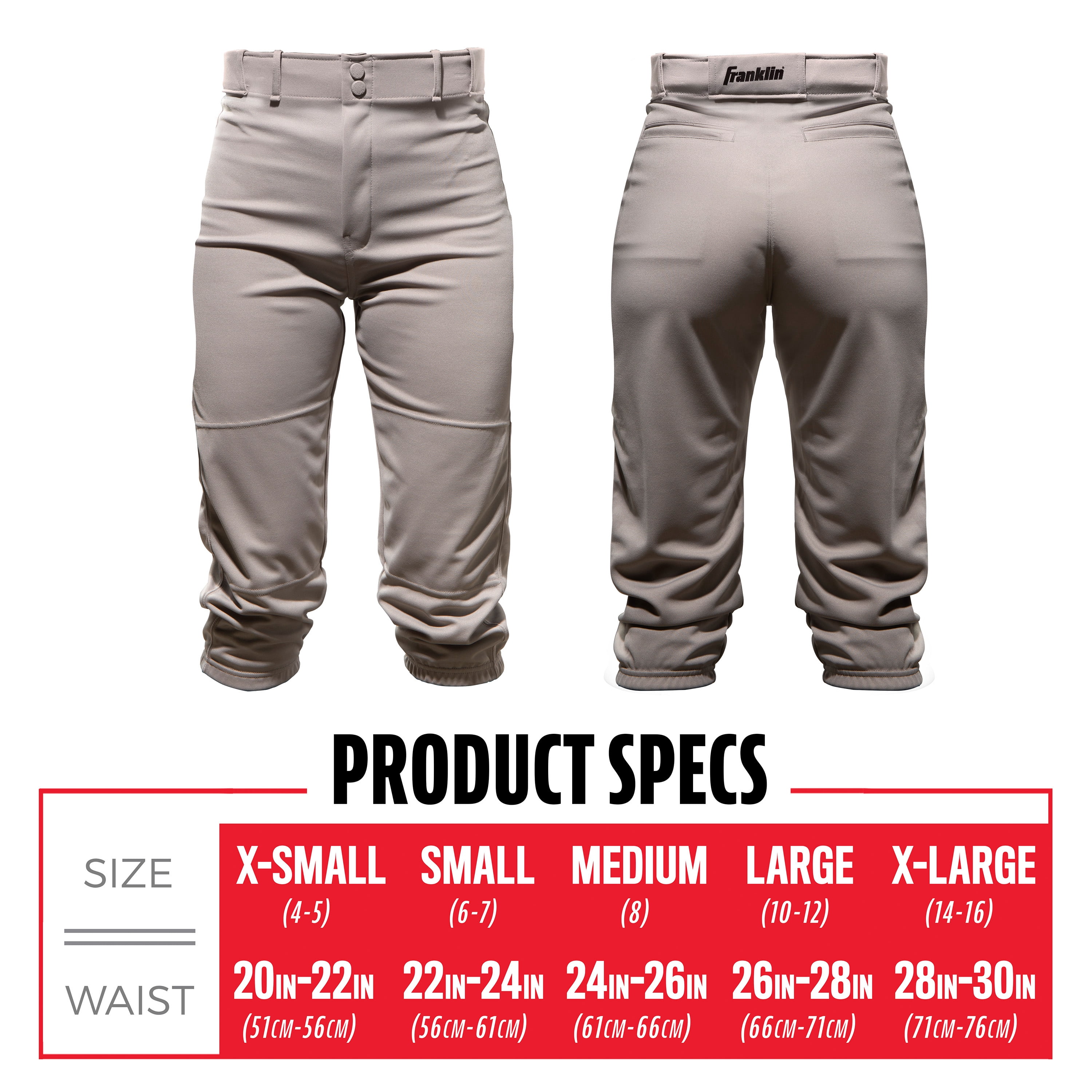 Franklin Sports Youth Classic Fit Baseball + Softball Pants, Grey, Youth Medium