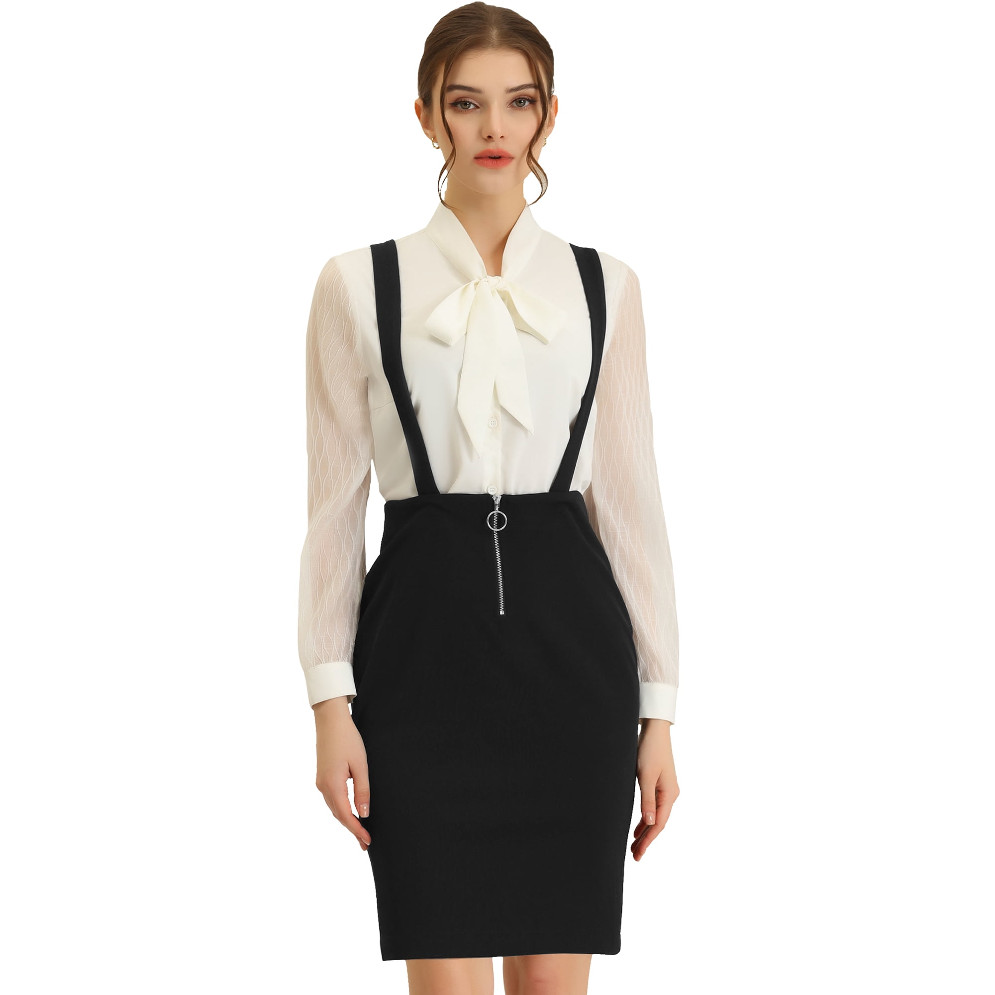 Unique Bargains Femmes Taille Haute Fermeture Eclair devant Bureau Bretelles Crayon Jupe X Petit Noir Walmart