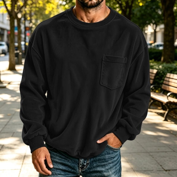 CLOISE Mens Sweatshirts No Hood with Pockets Big and Tall Velvet Corduroy Crew Neck Casual Pullover Solid Color Long Sleeve Cuffed Sleeve Tops Fall Winter Loose Clothes Black XL