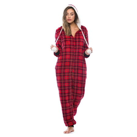 

Just Love Christmas Print Pom Pom Adult Onesie (Holiday Plaid Print Small)