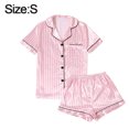 thumbnail image 2 of Pijama de satén sedoso a rayas para mujer, camiseta de manga corta con pantalones cortos, conjunto de pijama, camisa con botones, ropa de dormir sedosa, 2 of 5