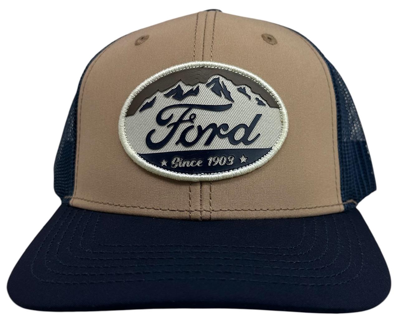 Ford Men's Trucker Hat High Density Print Since 1903 Patch Snapback Hat (Navy/Beige)