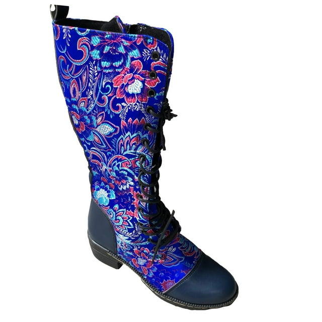CEHVOM Bottes Plates d'Hiver pour Femmes Brodées de Fleurs Lacées Mi-Mollet Rétro à Fermeture Éclair Décontractées