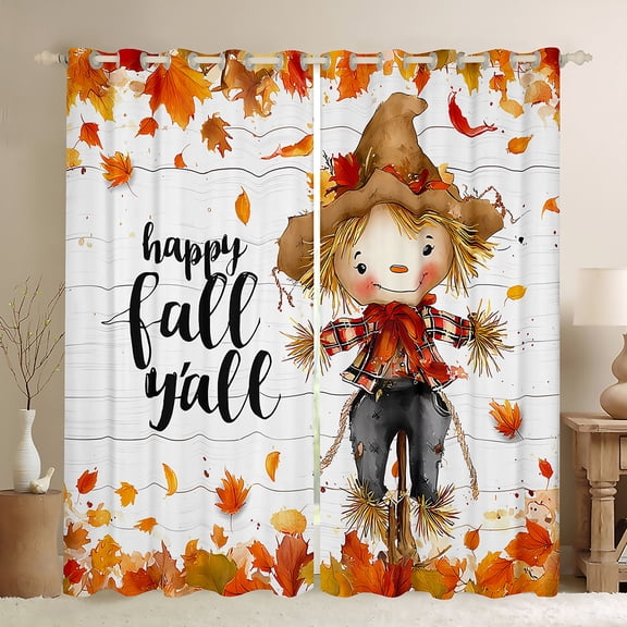 Manfei Cartoon Scarecrow Black Out Curtains, Autumn Fallen Leaves Curtains Pack of 2 (42x63 Each), Happy Fall Y'All Print Bedroom Curtains, Luxury Room Decor