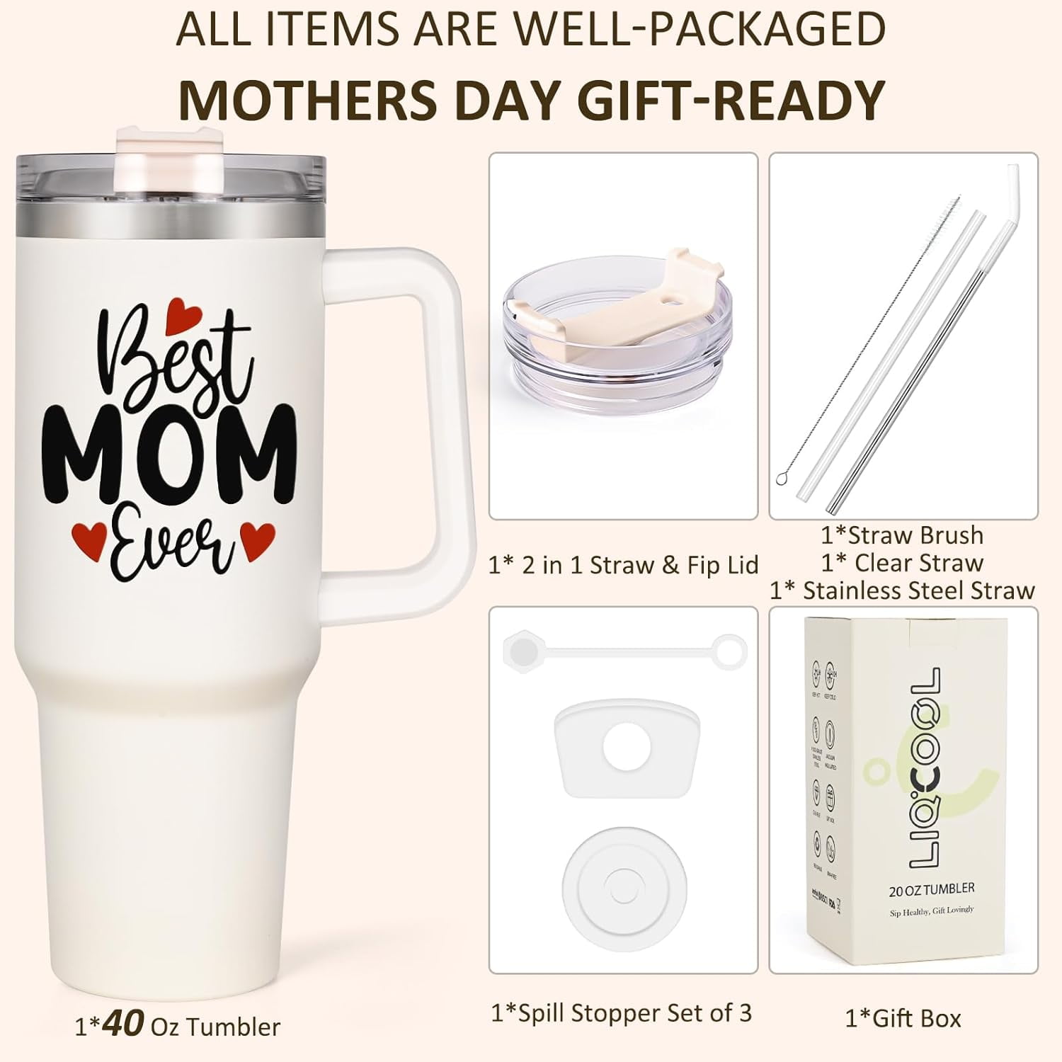 Mom Christmas Gifts, 40 Oz Best Mom Ever Tumbler Gifts for Mom, Funny Unique Popular Christmas Gifts for Mom Wife, Christmas Presents Gifts Ideas for Women(Cream)