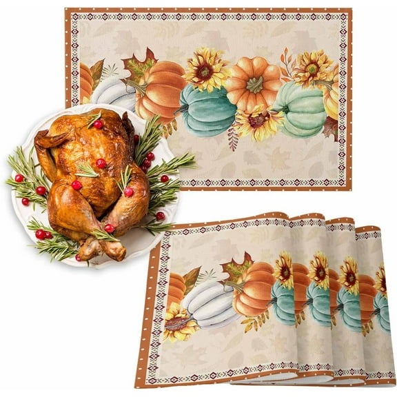 Fall Placemats Set of 6, Pumpkin Sunflower Placemat for Dining Table Decorations, Washable Cotton Linen Autumn Place Mats, Maple Leaves Table Mats for Kitchen Dinner Thanksgiving Holiday Party Decor